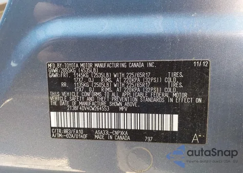 2012 Toyota Rav4 z USA, uszkodzony, nr VIN 2T3BF4DV4CW264553